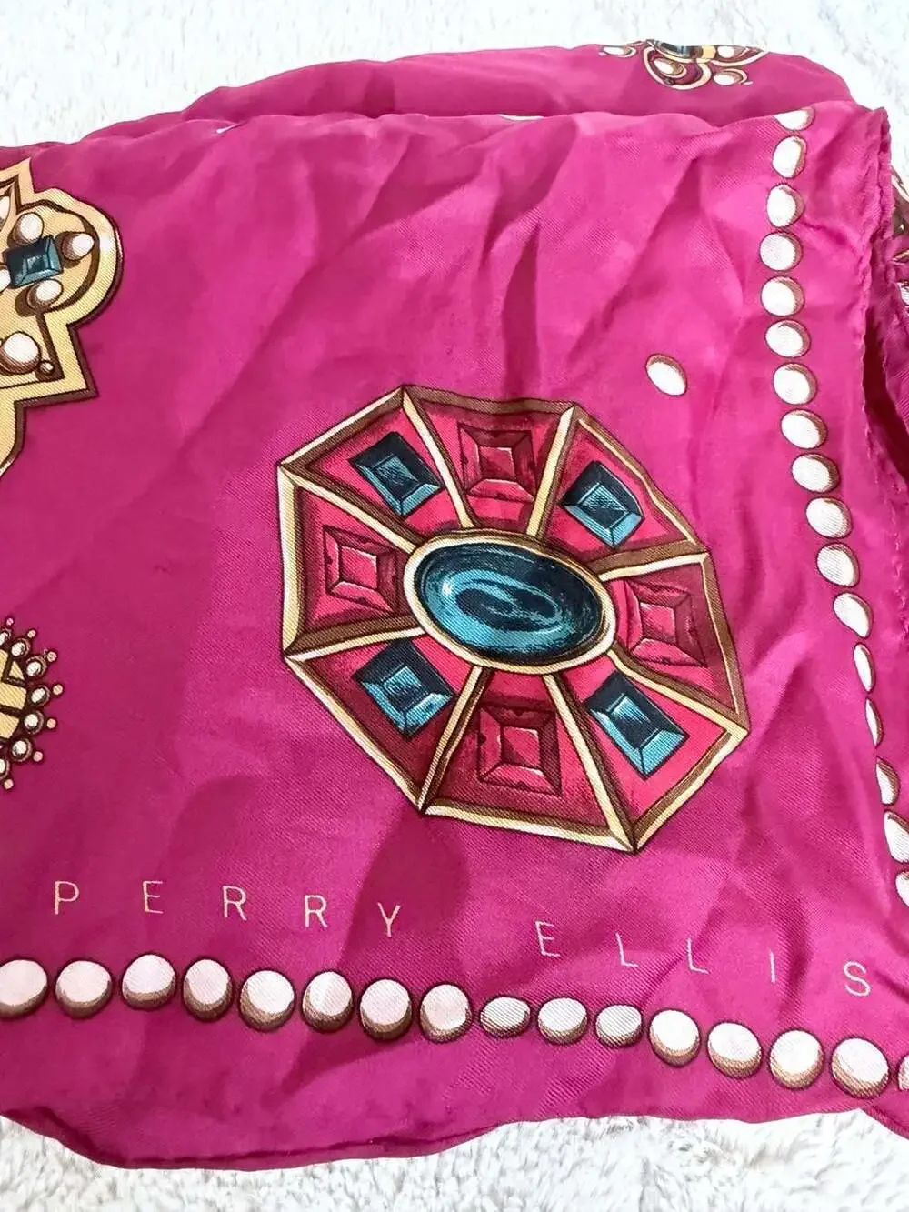 Perry Ellis Vintage 100% Silk Scarf with Jewel and Gemstone Motif in Fuchsia